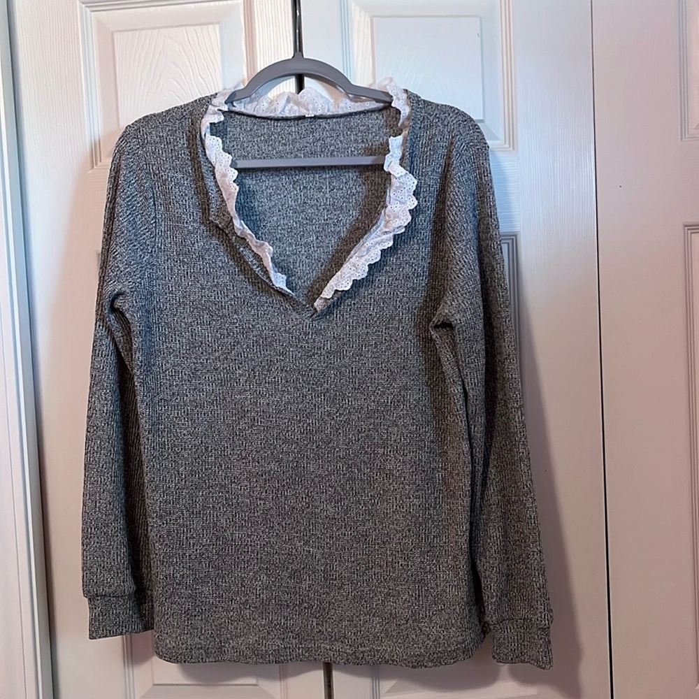 Ruffle trim grey sweater